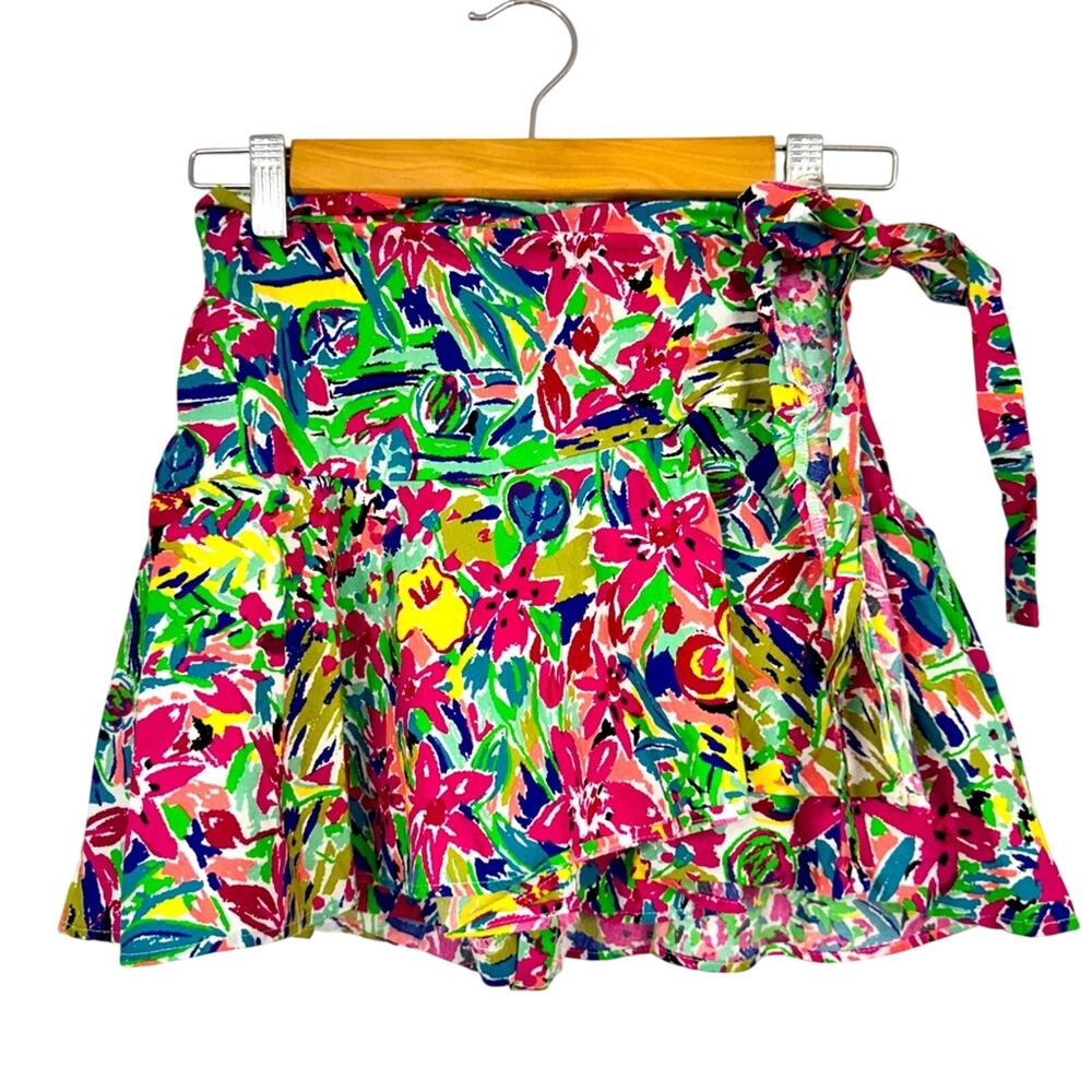 Zara Bright Colorful Floral Print Wrap Mini Skirt Womens XS Skort Tropical Beach